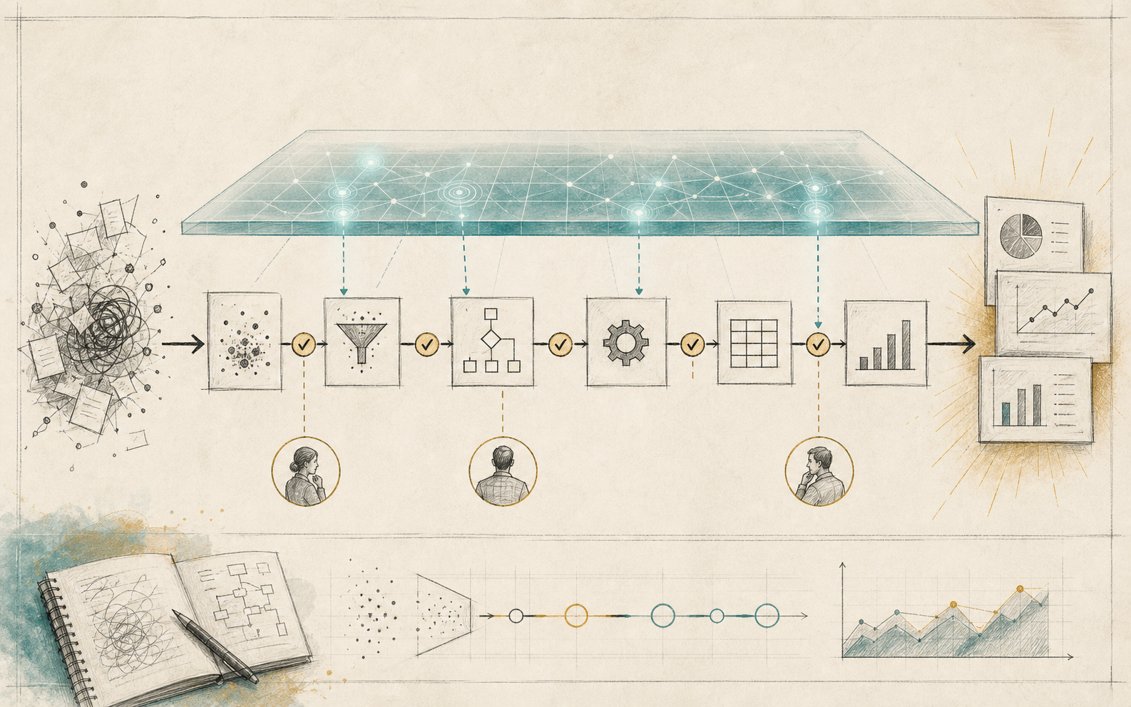 A human business workflow with a translucent AI layer supporting the path instead of replacing it.