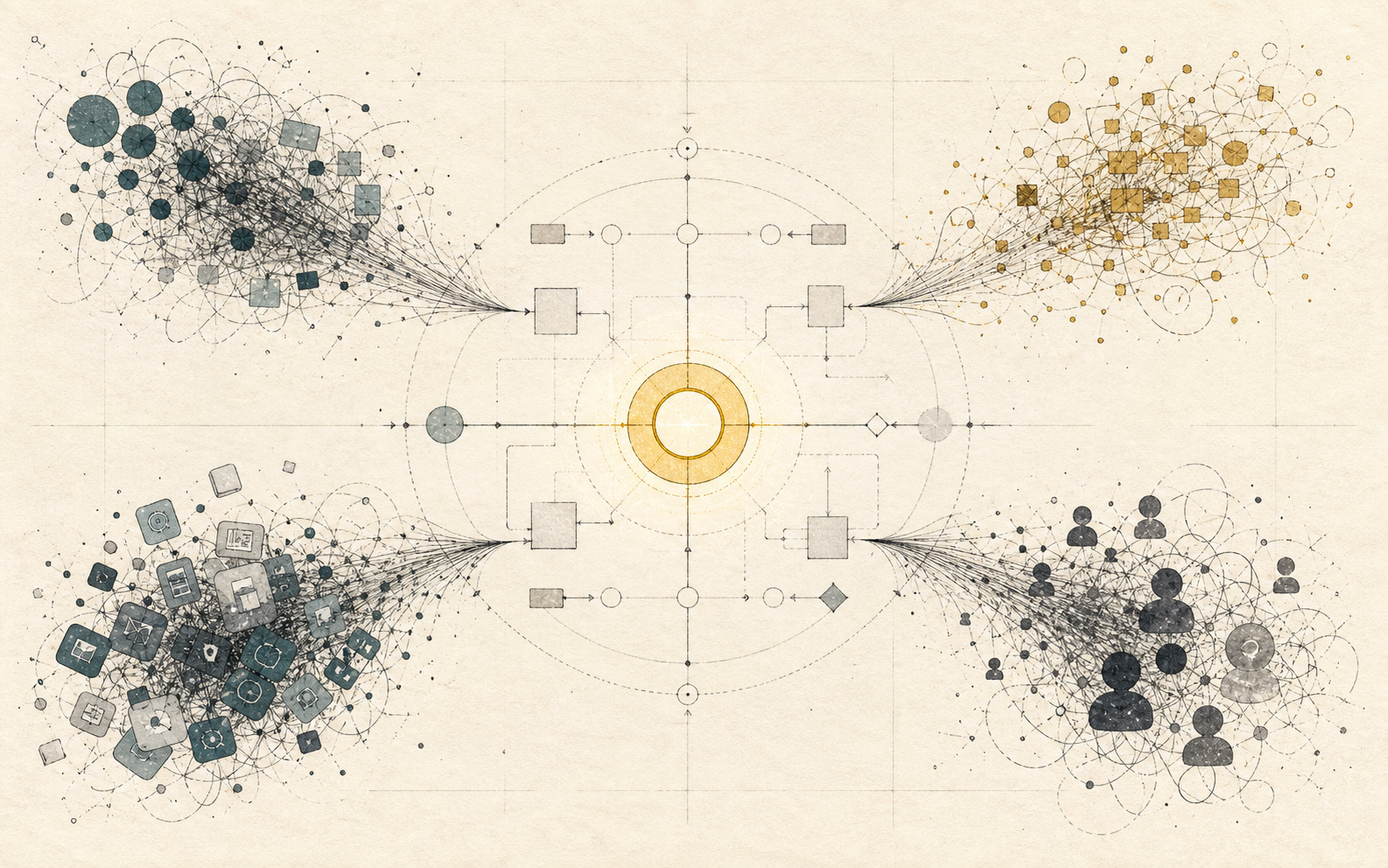 Abstract operating map where scattered business inputs are clarified around one constraint.