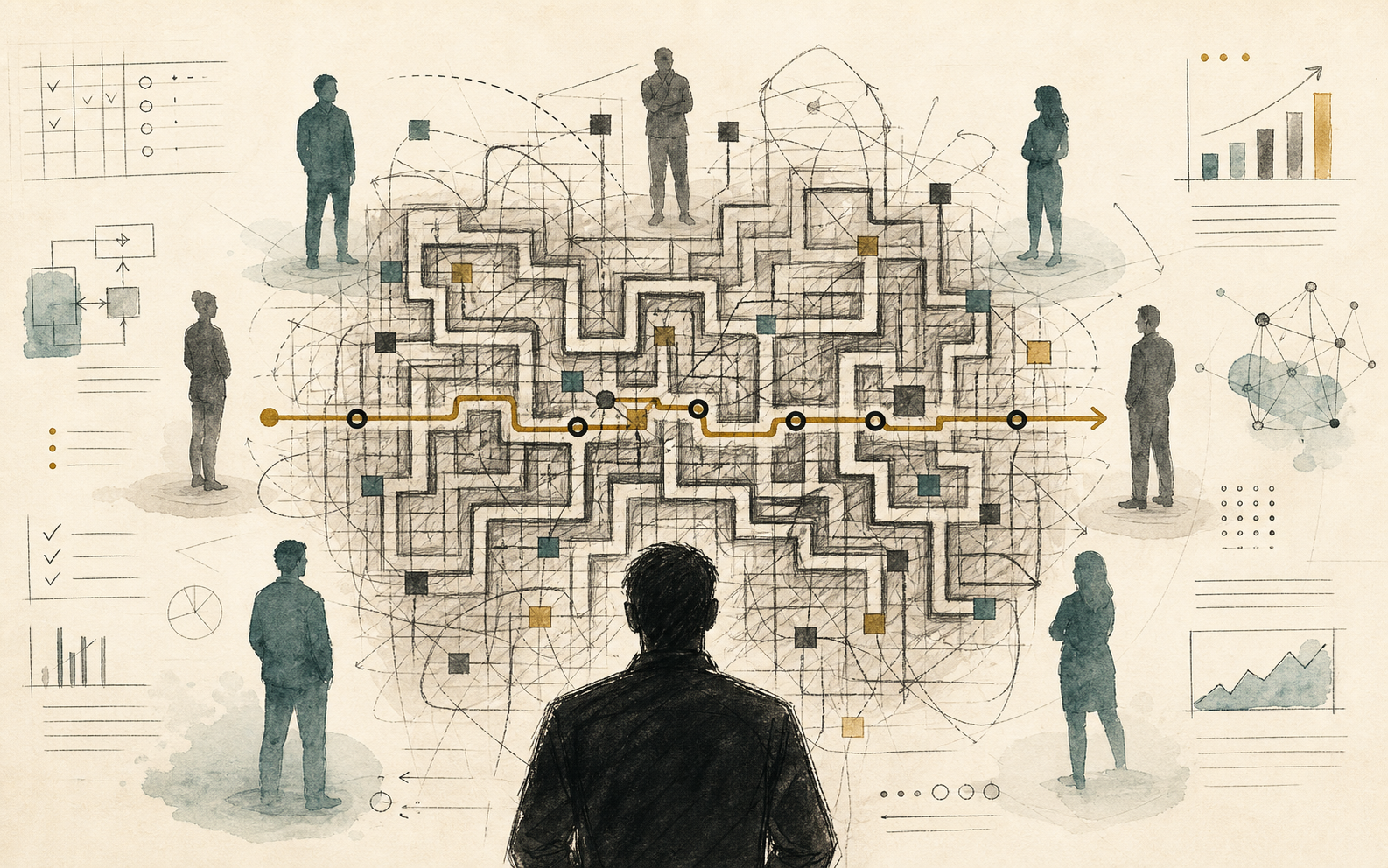 A workflow maze with people gathered around it while one clearer process path stands out.