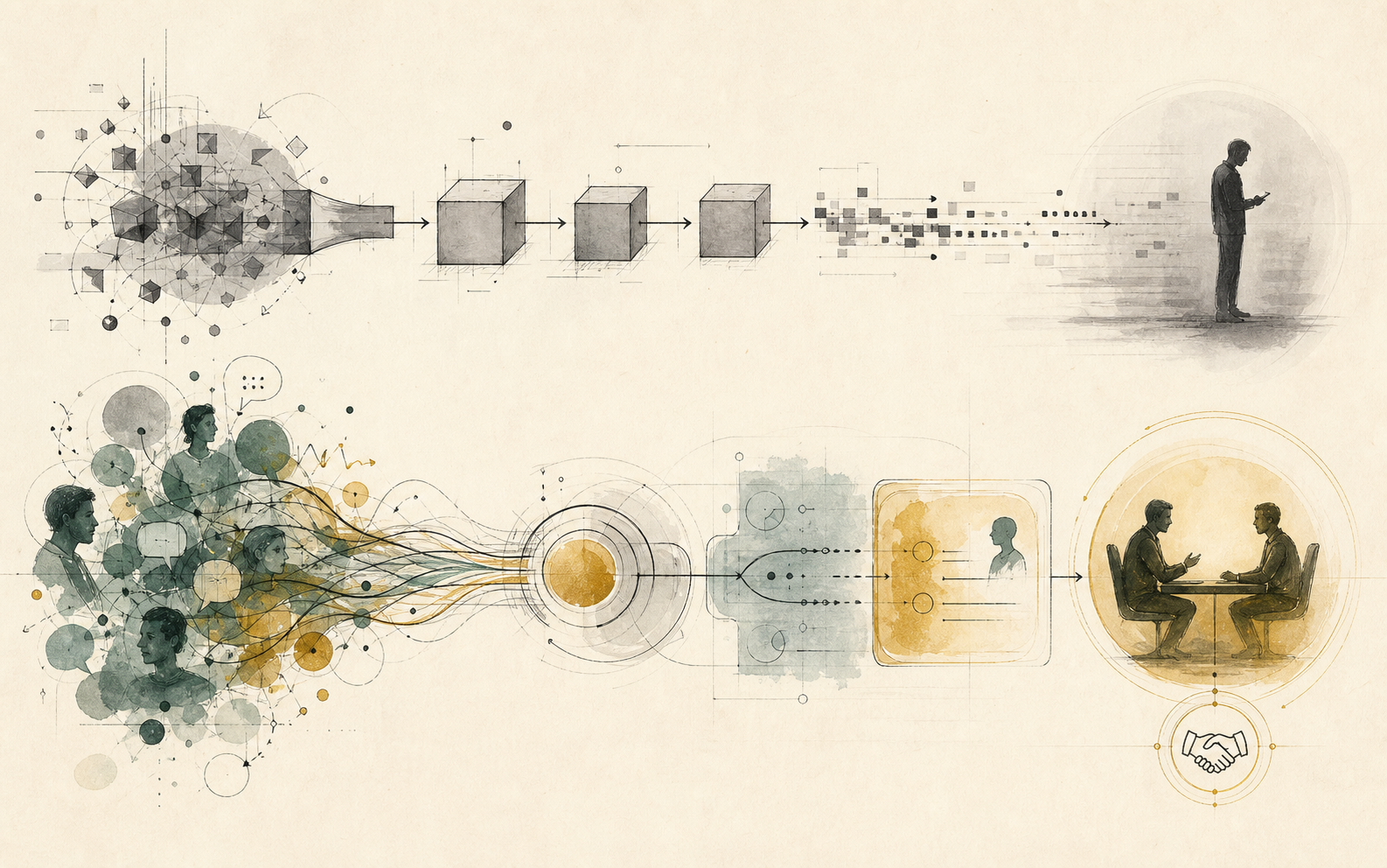Two customer communication paths, one cold and mechanical and one warmer with more context and trust.